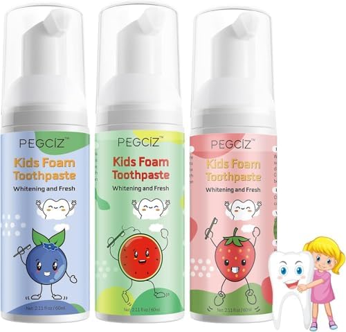 Foam Toothpaste Kids, Kids Foam Toothpaste, Toddler Toothpaste with Low Fluoride for U Shaped Toothbrush, Children Oral Cleaning for Ages 3 Plus (3PCS, Watermelon+Strawberry+Blueberry)
