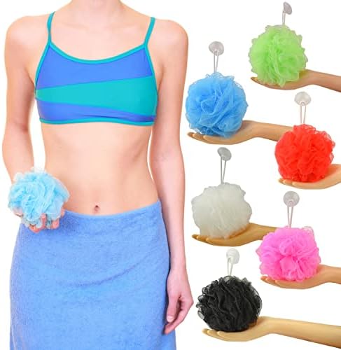 Star Brand Long Lasting Bath Sponge 6 Counts | 60g Heavy Bath Mesh Pouf with Suction Cup | Big Shower Sponge and Loofahs | Holding Up Bathing Exfoliator and Body Scrubber