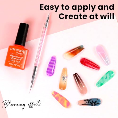 Lavender Violets 26 PCS Blooming Gel Nail Polish Set, 21 Colors Marble Flower Watercolor Solid Glitter Red Brown Green Black with Base Coat Glossy and Matte Top Coat Liner Brush Pen C406