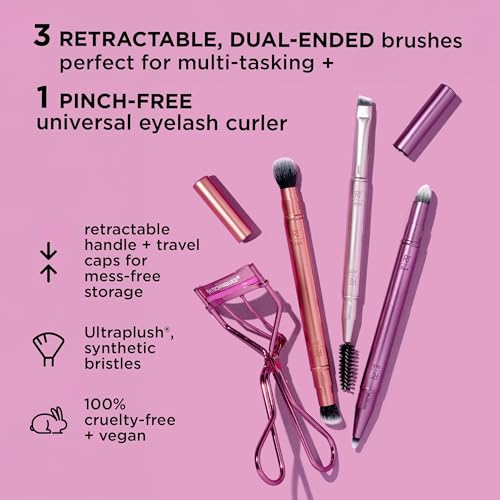 Real Techniques Double Time Brush + Lash 4 Piece Set, Dual-Ended Eye Makeup Brushes For Eyeshadow & Brows, Travel-Friendly Brush Caps For Storage, Eyelash Curler Included, Cruelty-Free