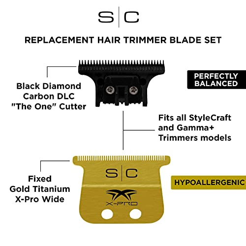 Stylecraft Replacement Fixed Gold Titanium X-Pro Wide Hair Trimmer Blade with Black Diamond Carbon DLC The One Cutter Set