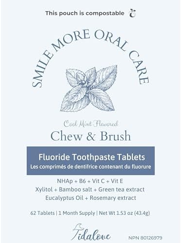 Smile More Toothpaste Tablets with Fluoride & nHAp - Vegan, Enamel Strengthening, Zero Waste, Paper Refill, 62 Tablets, Cool Mint, 1 Month Supply, Travel-Friendly