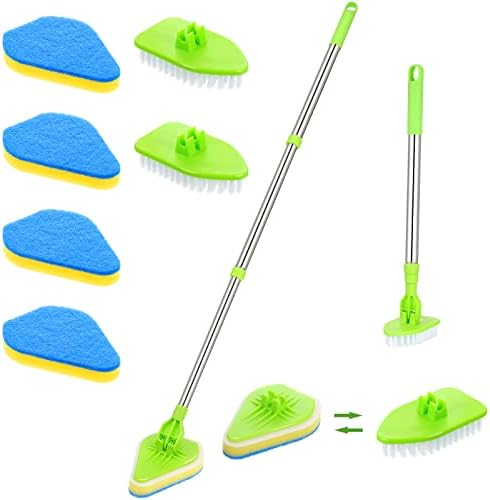 Scrub Cleaning Brush with Long Handle 2 in 1 Extendable Bathroom Floor Brushes with 2 Stiff Bristles and 4 Sponge with Long Handle Detachable Tile Lightweight Cleaner for Bathtub Shower