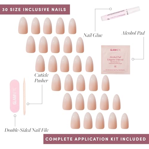 Glamnetic Press On Nails - Fiancéd | Short Almond Fake Nails with a Nude Ombré for Weddings, Glossy Glazed Finish, Reusable | 15 Sizes - 30 Nail Kit with Glue