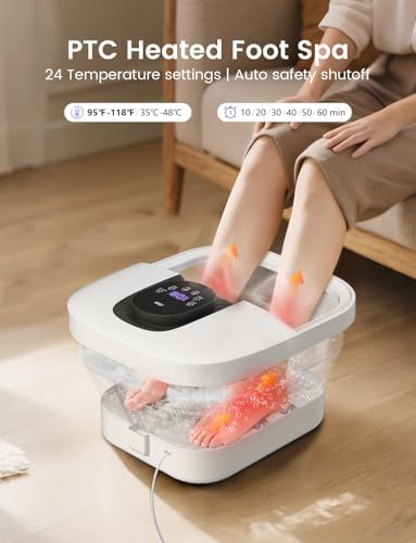 RIKE Collapsible Foot Spa with Heat, Bubbles, 24-Level Temp Control, Red Light, Timer, Foot Soaking Tub with 6 Shiatsu Rollers & Pumice Stone, Foot Bath Massager Pedicure FootSpa for Stress Relief