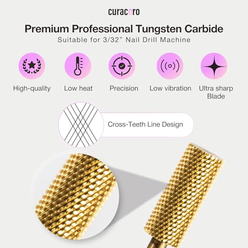 Curacoro Nail Drill Bits 3/32'' - Small Barrel Carbide Bit (Fine) for Professional Finish, Gently Remove, Buff & Polish Gel Nails, Nail Art Pedicure Manicure Salon & Home