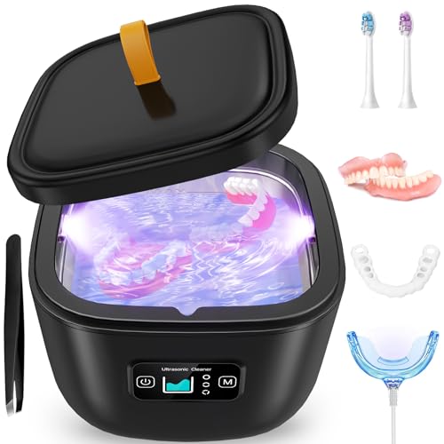 Retainer Cleaner Machine - 255ML Ultrasonic Denture Cleaner for Aligner Mouth Guard Toothbrush Ring Diamond, 45kHz LED Light Sonic Cleaning Machine for Jewelry, Dental Appliances