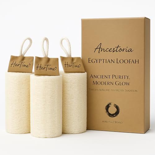 Ancestoria Plant-Based Loofah for Women – Premium Natural Exfoliating Body Scrubber Sponge – Non-Plastic Shower Loofah Sponge for Body and Face – A HerTime2 Brand, Pack of 3