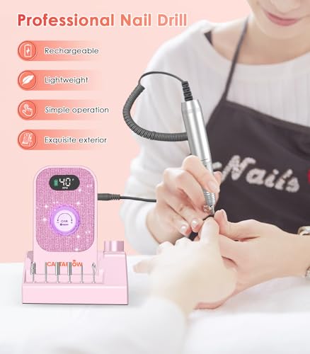Portable Electric Nail Drill File: 40000RPM Professional Nail Drill with Bits & Base, Pink Diamond Rechargeable Nail E File Machine for Remover Gel Nail Polish Acrylic Nails Manicure for Salon Home