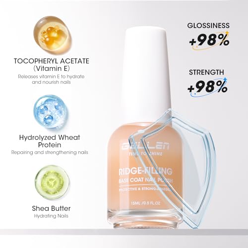 GELLEN Clear Nail Polish Ridge Filling Base Coat, Nail Strengthener Ridge Filler For Nails, Hydrates Strengthens Nourishes Damaged Dry Natural Nails, Shea Butter & Vitamin E & Protein Formula