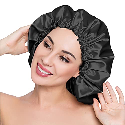 Silky Night Sleeping Cap Satin Bonnet for Curly Hair Adjustable Hair Bonnet Reversible Double Layer X-Large Jet Black