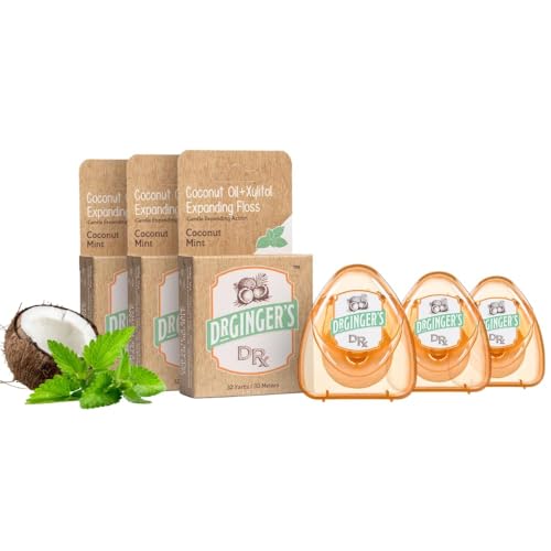 Dr. Ginger's White Charcoal Dental Floss - Expandable Floss for Deep Cleaning, Mint - 32yds, 3 pcs - Tooth Floss Infused with Coconut Oil and Xylitol for Effective Oral Care and Plaque Removal