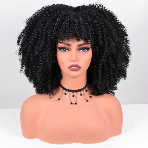 Afro Curly Wig with Bangs 12 Inches Synthetic Afro Wig for Women about 280g/Pcs Heat Resistant Black Short Kinky Curly Wigs for Daily Party