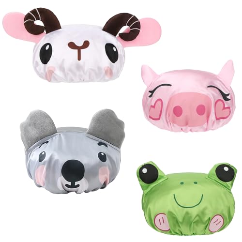 kilofly 4pc Fun Cute Animal Shower Caps for Kids Reusable Waterproof Bath Hat Set