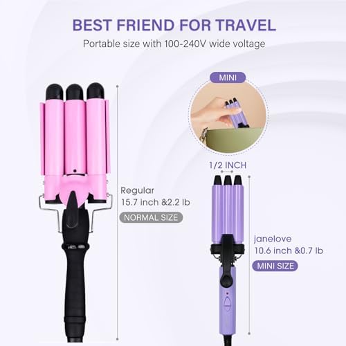 Mini Hair Crimper, janelove 1/2 Inch Beach Waves Curling Iron, Hair Waver for Short & Medium with 3 Ceramic Barrels, Home and Travel Friendly Crimper Hair Tool, Dual Voltage, 392℉ Fast Heating