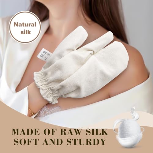 Garshana Gloves Raw Silk Massage Gloves Ayurvedic Massage，Quick-Dry Reusable with Elastic Wrist Strap for Face/Body/Sensitive Skin And Spa Care, (1 Pair)