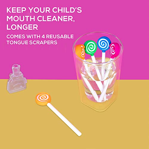 Kids Tongue Scraper or Cleaner Set – Pack of 4 BPA-Free Plastic Dental Scrapers Helps Freshen Bad Breath, Remove Gunk – Multicolored with Easy-to-Grasp Handles and Brush Covers by 55Dental, Ages 2+
