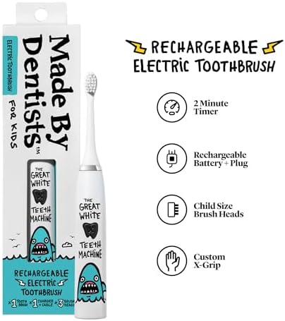 Kids Electric Toothbrush - Rechargeable Vibrating Toothbrush with Timer, Includes 6 Replacement Heads, Gently Cleans Little Teeth, for Girls and Boys, Kids & Toddlers Age 2+, Shark