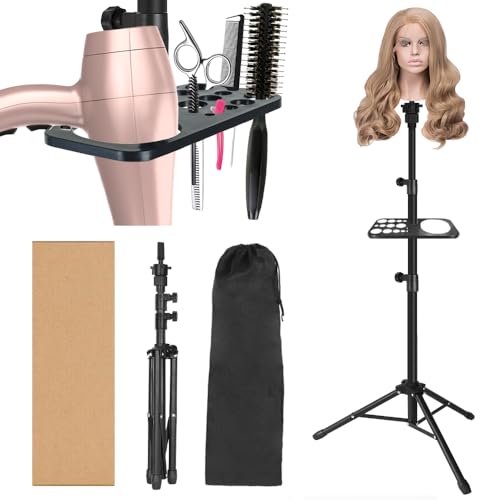 50 Inch Metal Wig Stand, Adjustable Wig Head Stand, Mannequin Head Stand for Cosmetology Hairdressing, Wig Stand Tripod with Tool Tray (Black, Mannequin Head Not Included)