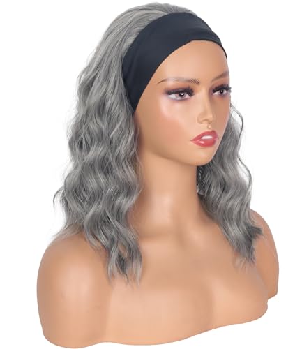 Silver Grey Wavy Headband Wig For Black Women Curly Half Wigs With Headband Attached Synthetic Wrap Wigs For Women(Gray)…