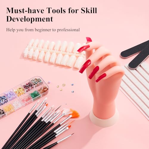 Practice Hand for Acrylic Nails,Nail Mannequin Hands for Nails Practice,Fake Nail Training Hand Manicure, Flexible Bendable Nail Hand with 100PCS Nail Tips,Painting Pen,Nail Clay and Nail Rhinestones