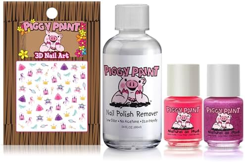 Piggy Paint | 100% Non-Toxic Girls Nail Polish | Safe, Cruelty-free, Vegan, & Low Odor Nail Polish for Kids | Pretty Princess (2 Polish, 1 Remover & Nail Art Gift Set)