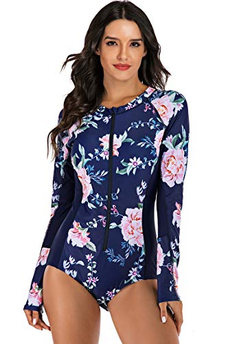 Akaeys Women's Long Sleeve Zip Front Swimwear UV Protection Printed Surfing Swimsuit One Piece Rashguard Navy-Floral