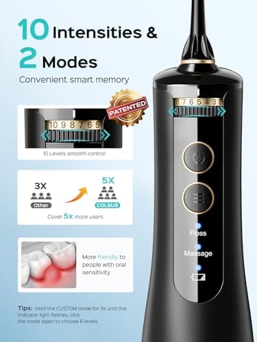 COSLUS Portable Water Flosser for Teeth: 10 Pressure Settings Professional Water Dental Pick for Orthodontic, Braces & Sensitive Gums - Cordless for Travel Use, for Adults Teens, BPA-Free, W40(WFP14)