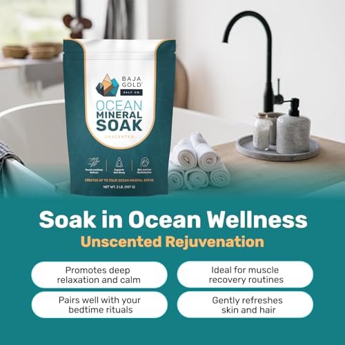 Baja Gold Ocean Mineral Soak- Organic Epsom Salt Bath Soak for Relaxation & Skin - Magnesium Flakes Bath Soak for Sleep & Muscles - Unscented, 2 Lb Resealable Bag