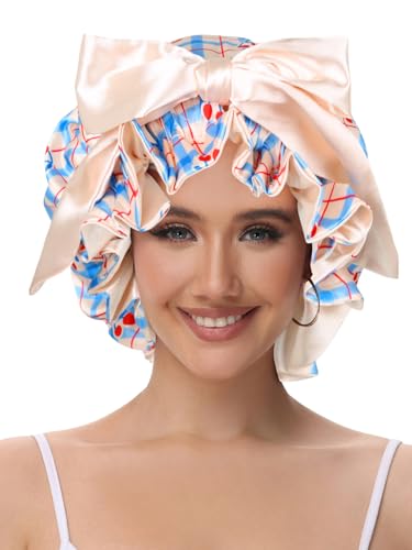 Cute Adjustable Silk Bonnet for Sleeping Double Layer Satin Cap Hair Sleep Bonnet for Curly Hair Cherry Blue