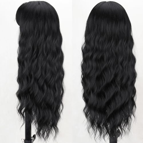 MERISIHAIR Long Black Wig with Bangs,26 Inches Synthetic Wavy Bang Black Wigs for Women, Women Long Curly Heat Resistant Black Hair Wig,Cosplay Selena Black Wig