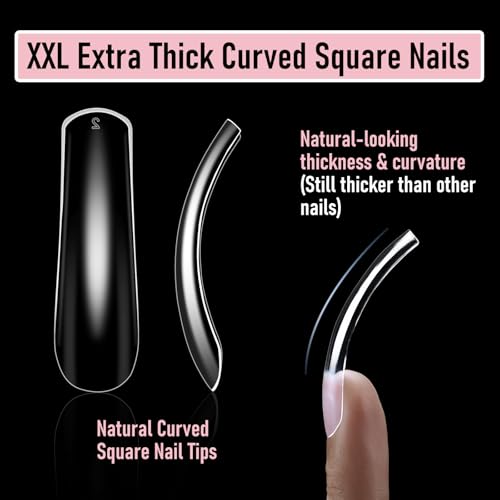 Curved Square Nail Tips Press on Full Cover Nails, Extra Curve Clear XXL Square Nail Tips Long XL Acrylic Fake Nails Extension, French False Nail 12 Sizes 240pcs