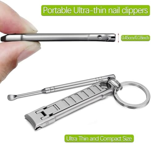 Portable Keychain Nail Clipper with Ear Pick, UItra Thin Nail Clippers for Men Medical Grade Stainless Steel Wide Jaw Folding Slim Sharp Fingernail Cutter for Travel