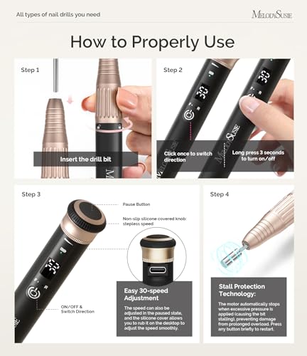 MelodySusie Portable Electric Nail Drill 30,000RPM, SM220G Cordless Rechargeable Electric Nail File, Professional Efile Manicure Pedicure Polishing Tool with Bits Sanding Bands Kit, Black