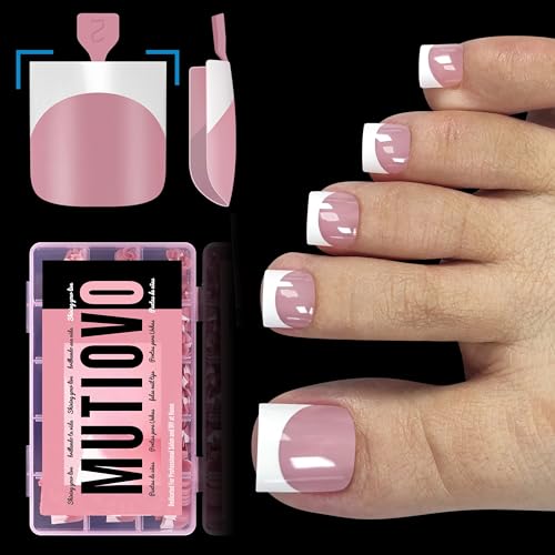 French Tip Toe Nail Tips Press on, Sharp Square Pre-Designed Soft Gel False Toenail Extension, BERRY PINK Pre-applied Tip Primer & Base Coat, Full Cover Acrylic for DIY x 15 Sizes 240 pcs