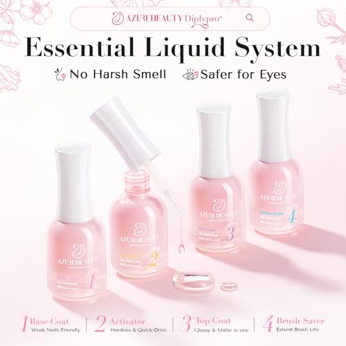 AZUREBEAUTY Low Odor Dip Powder Liquid Set, 15ml/0.5oz Upgraded Clear Base, Activator, Top Coat & Brush Saver,No Lamp Needed for Nail Kit