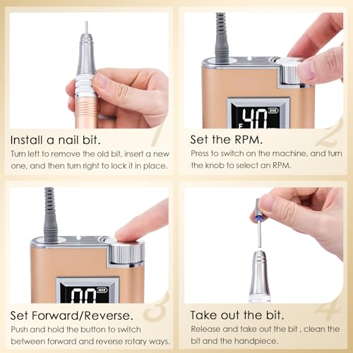 Delanie 2 in 1 Nail Drill with Charging Stand Carbide Ceramic Bits, 40000 RPM Rechargeable Electric Nail File Filer, Gold