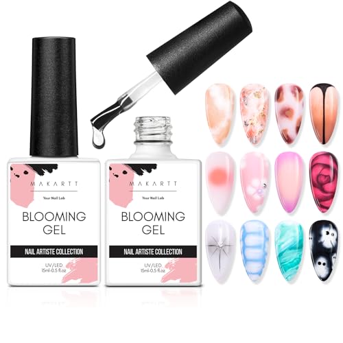 Makartt Blooming Gel-Clear 2 Pcs Marble Gels Nail Polish Blossom Gels for Spreading Effect,Gel Paint Nail Art Supplies for Watercolor Design,Floral Print, Nail Art Design DIY Manicure for Women