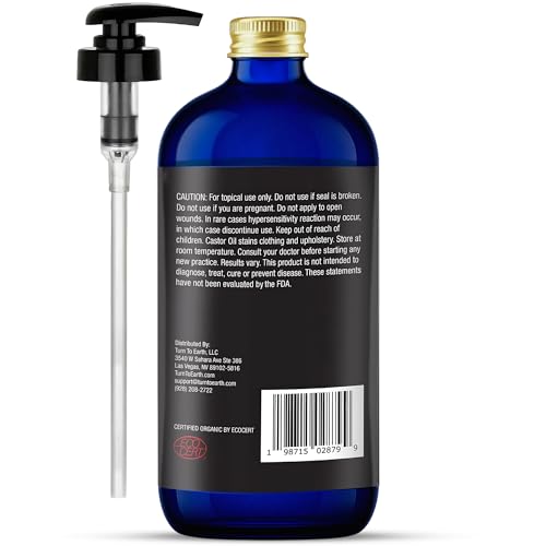 Organic Castor Oil, Cold Pressed, Glass Bottle, USDA Certified Premium Organic, Unrefined, Hexane Free, for Hair Growth, Radiant Skin, Eyebrows, Lashes and Fuller Hair, 16.9 oz w/ Pump (Made in USA)