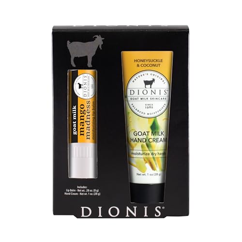 Dionis Goat Milk Skincare Hand Cream & Lip Balm Set - Safe For Sensitive Skin, Moisturize, Hydrate, Dry Chapped Lips and Skin, Cruelty Free, Honeysuckle & Coconut and Mango Madness, 1 oz and .28 oz