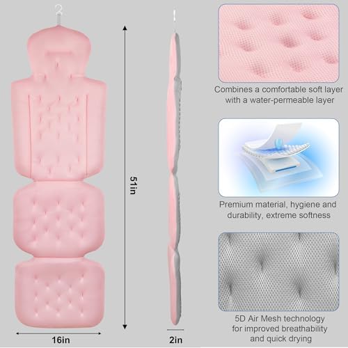 Full Body Bath Pillow, Luxury Bath Cushion with 192 Suction Cups, Bath Pillows for Tub for Head and Neck Support, with Laundry Bag Pink, 51" x 16"
