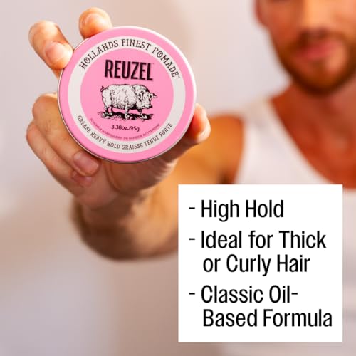 REUZEL Pink Grease Pomade, Strong All Day Hold, Oil-Based Styling Wax, Medium Shine and Flake Free, Easy To Wash Out, For All Hairstyles