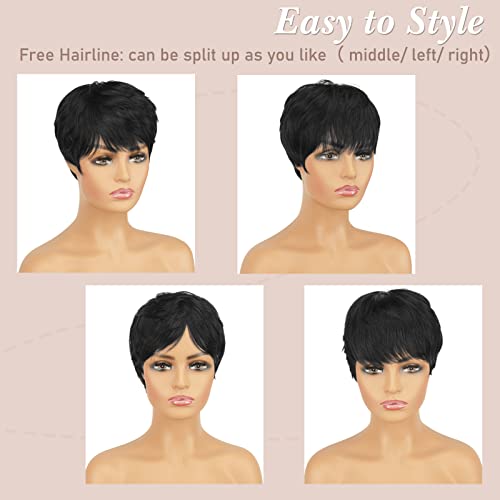 RUWISS Pixie Cut Wig Human Hair Pixie Wigs for Black Women with Bangs Natural Short Black Wig Layered Wavy Different Style Short Wigs for Black Women (1B#)
