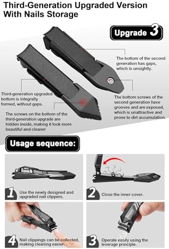 Nail Clippers with Catcher – No Splash Nail Cutters Fingernail and toenail Clippers for Thick Nail， Stainless Steel Fingernail Cutter for Men Women，Custom Flannelette Bag Storage