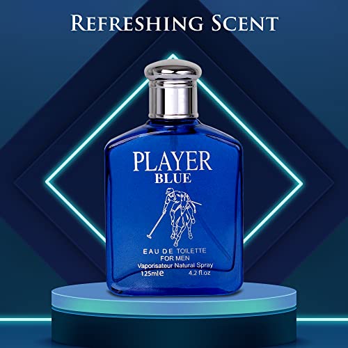 NovoGlow Player Blue for Men - 4.2 Fl Oz Eau De Parfum Spray for Men - Long-Lasting Citrusy Herbal & Woody Fragrances Smell Fresh All Day Long Gift for Men on All Occasions