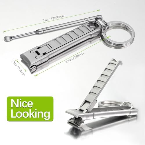 Portable Keychain Nail Clipper with Ear Pick, UItra Thin Nail Clippers for Men Medical Grade Stainless Steel Wide Jaw Folding Slim Sharp Fingernail Cutter for Travel