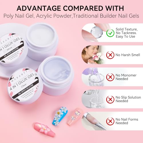 Makartt Solid Gel Builder: 4-in-1 2pcs Clear & White 3D Nail Gel Non-sticky for Extension 3D Sculpting Nail, UV Glue for Acrylic Tips, Rhinestones & Sculpture Hard Gels for Nails UV/LED Lamp Required