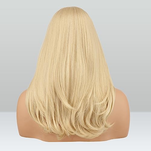 FESHFEN Blonde Wigs with Bangs, Synthetic Natural Looking Light Blonde Long Layered Straight Hair Wig for Women Daily Party Use 18 inch