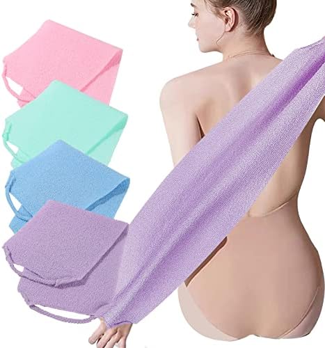 4 Pack Exfoliating Body Scrubber with Handles, Nylon Exfoliating Cloth Extended Length Back Scrubber Stretchable Pull Strap Shower Back Scrubber for Shower for Women&Men(4 Pack-Green+Blue+Purple+Pink)