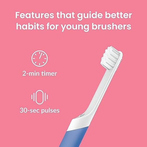 Quip Sonic Toothbrush for Kids with Timer - Includes Extra Brush Head and Travel Cover Mount - Electric, Soft Bristle Refill Head, Rubber Handle, 3 Month Battery Life - Travel Toothbrush - Blue